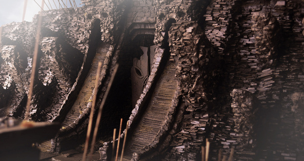 Facade supports are starting to look something like this Skull Island temple front