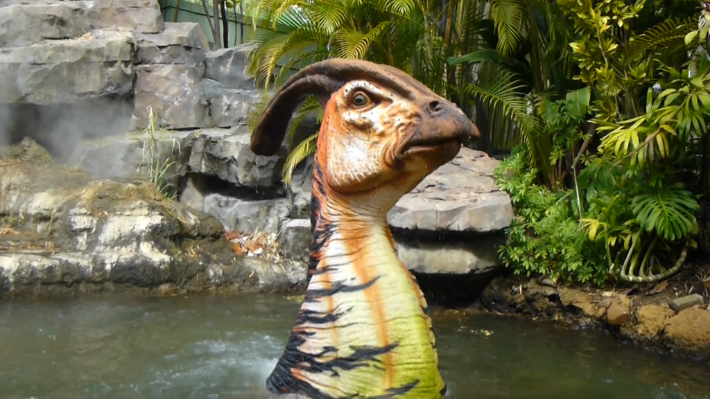 The Parasaurolophus is sporting some bright colors today.