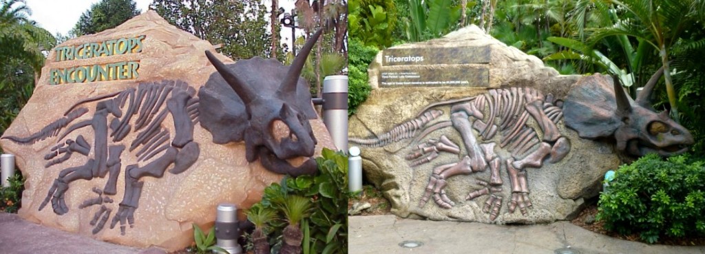 Triceratops Encounter entrance, the left is the sign as it appeared when it was open and the right is how it looks today