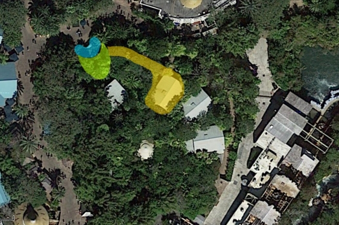 Key: blue=guests, green=show, yellow=off limits backstage.