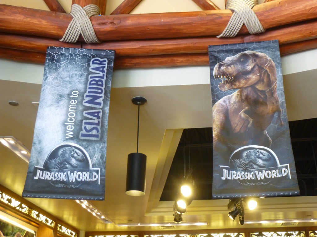 Isla Nublar banner similar to the ones in the film, along with a Tyrannosaurus banner