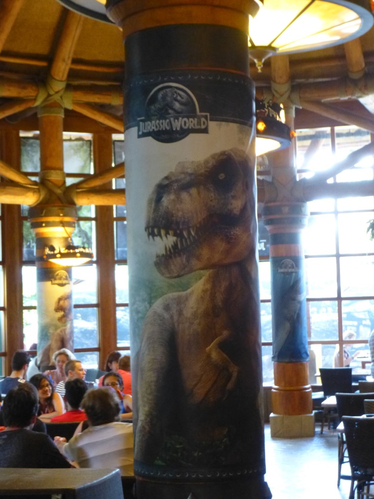 All of the columns have been wrapped in Jurassic World imagery