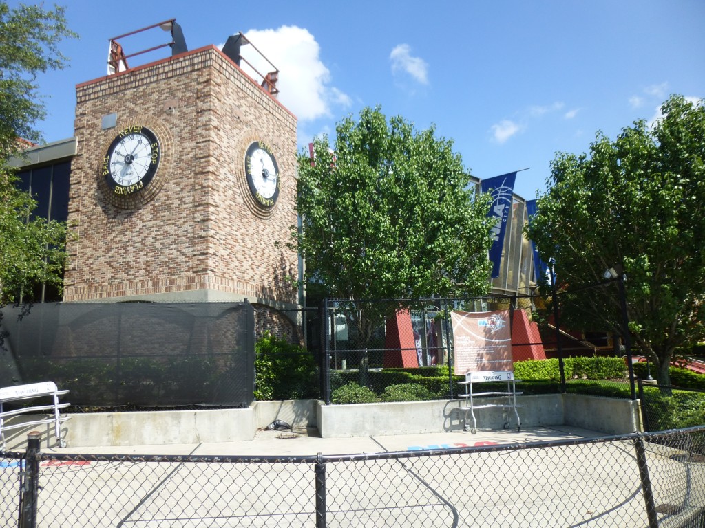 One of the more active areas, the 3-pont challenge, now quiet. Ironically a clock behind says "Never stop playing."