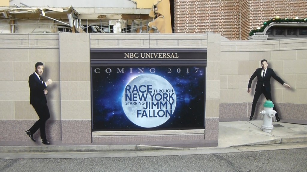 Themed construction walls featuring Jimmy Fallon in various poses