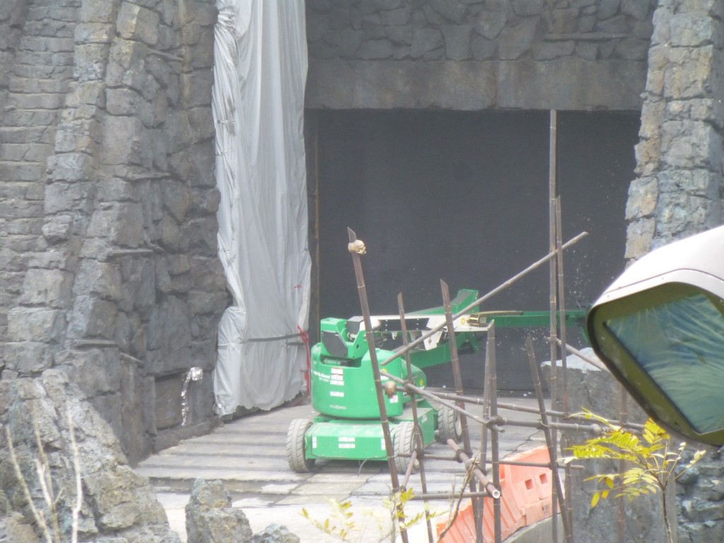 Close up view of gates, where ride vehicles will enter show building