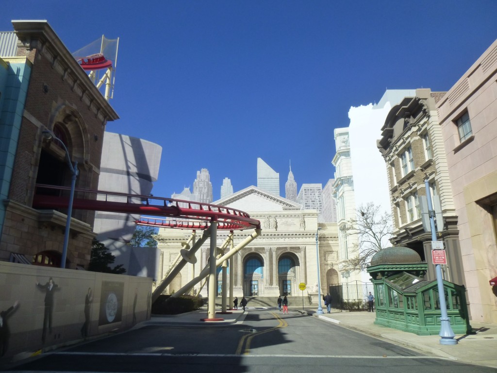 View down the street with old Ghostbusters firehouse facade on the left. Right cutout building being refurbished