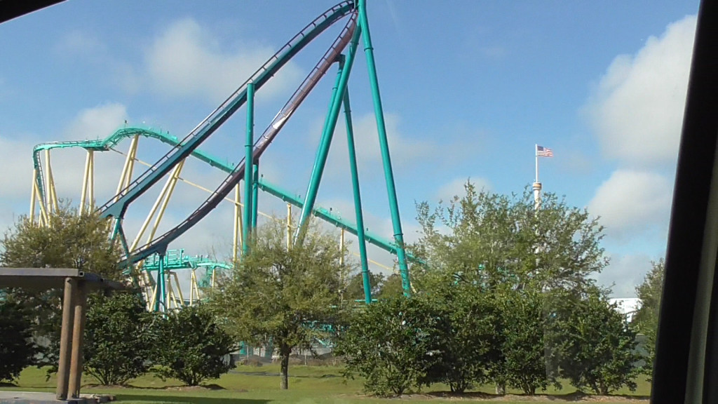 View from the street of one of the incredible banked turns on the coaster