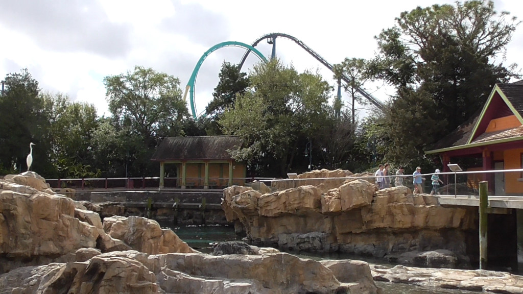 View from inside the park. Kraken loop in front, Mako lift hill in back