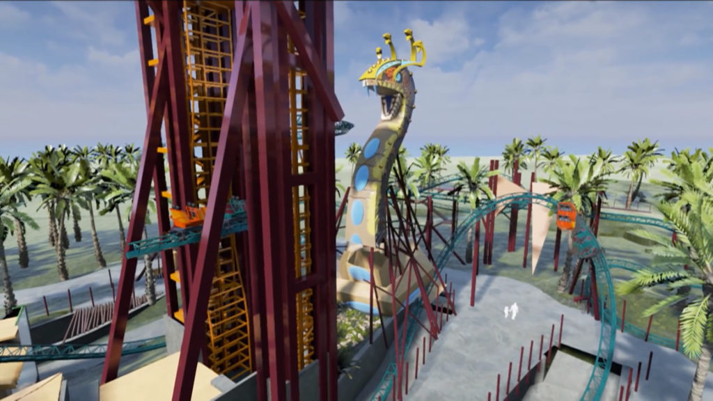 Concept art of ride cars being lifted up on elevator track