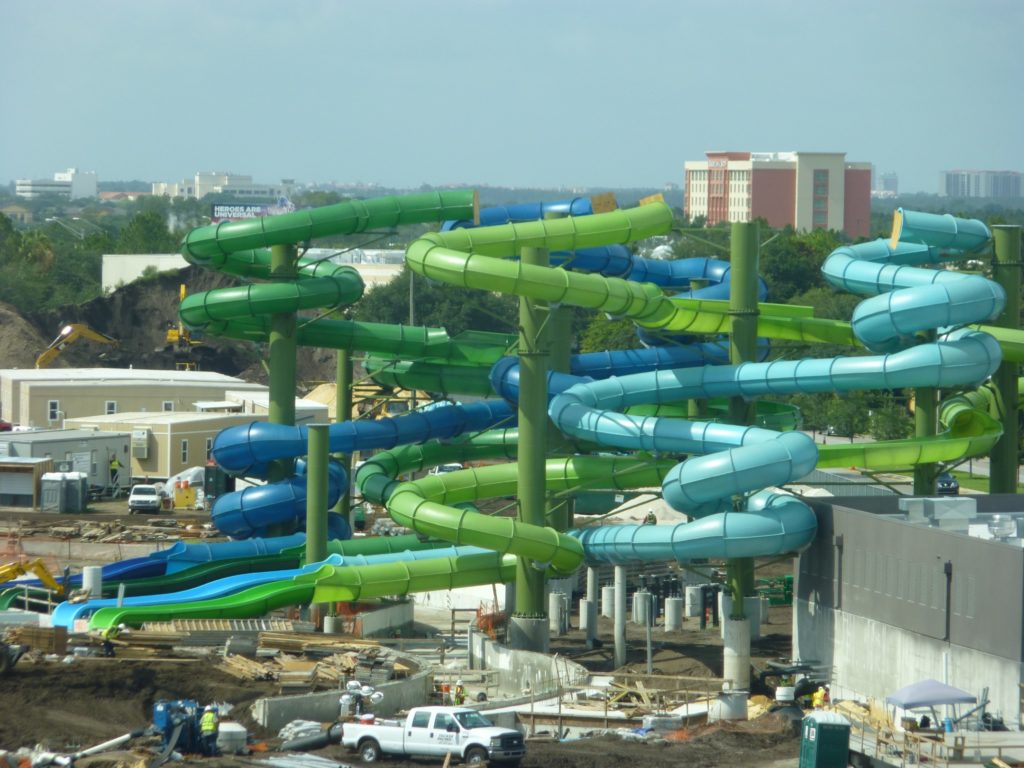 Slides in back of the park are almost ready, and you can see the lazy river running below the slides