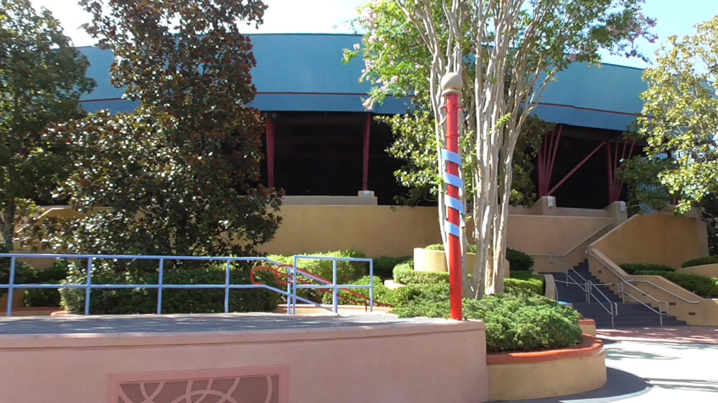 There's a small outdoor stage in front of the theater, also disused