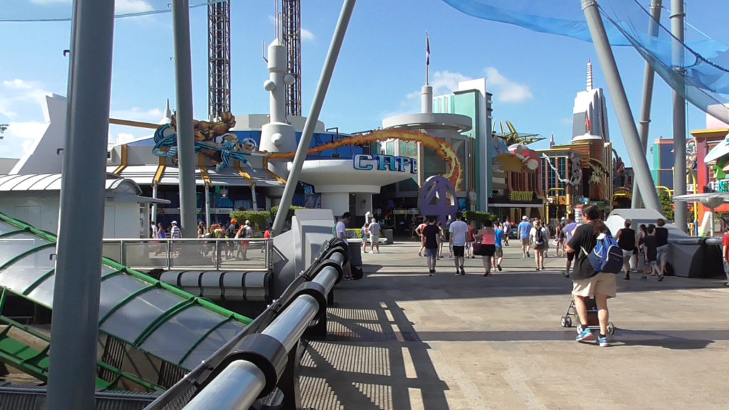 The view of Marvel Superhero Island from the bridge from Port of Entry