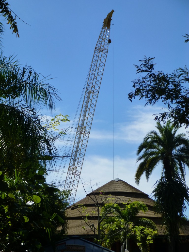 Approaching from the Jurassic Park side you can see a crane rising behind the Thunder Falls restaurant