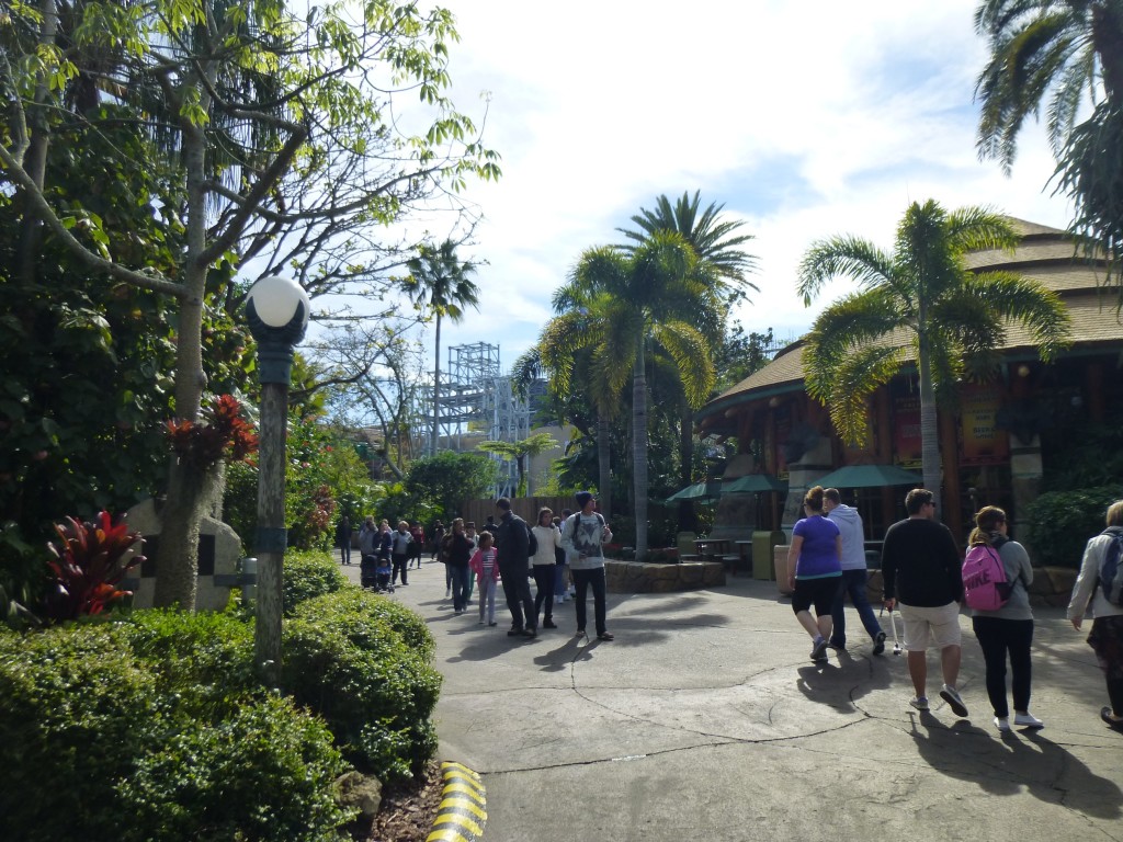 Walking towards the area from Jurassic Park, the temple gate facade looks huge in the distance