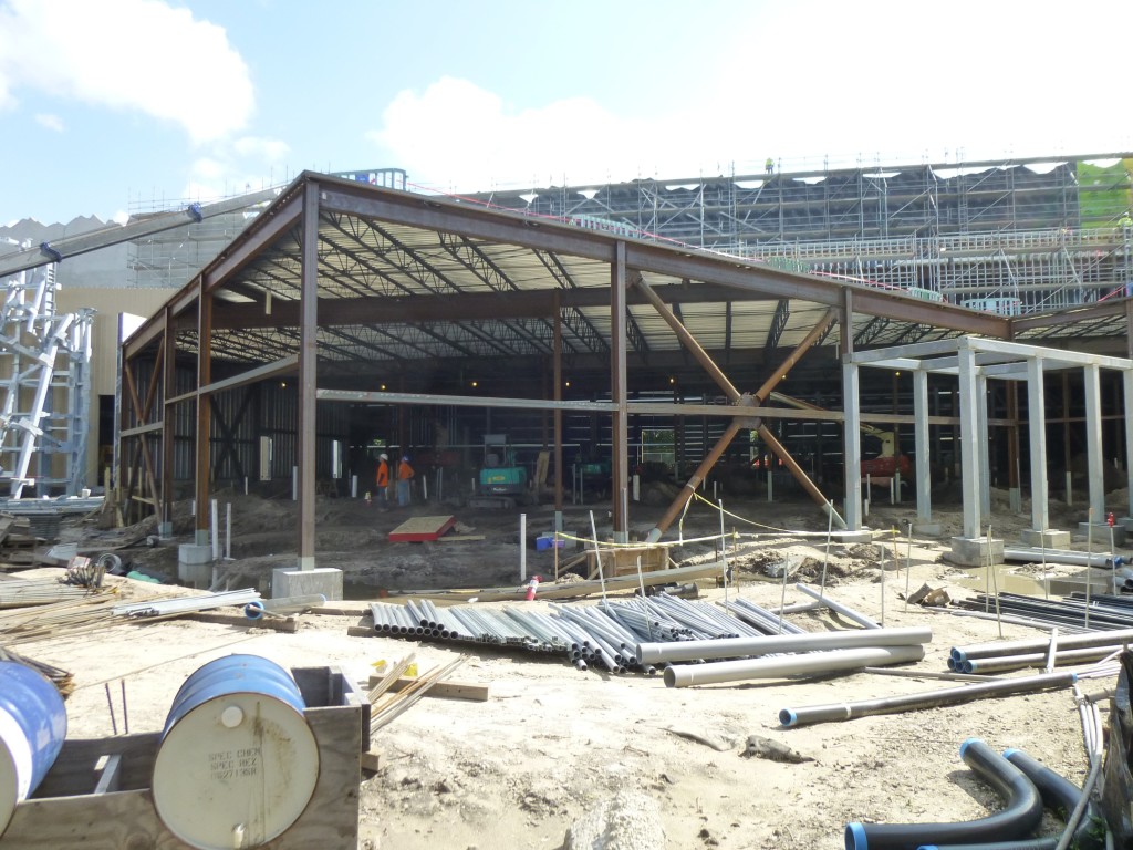 Part of the structure that will become the entrance/load/exit areas for the ride