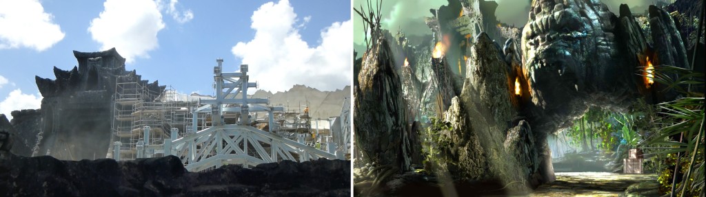 Left: Recent construction of entry arch - Right: Concept Art of entry arch