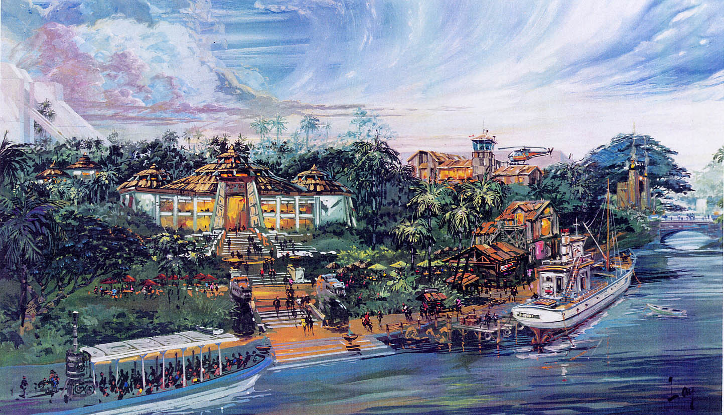 The originally planned helicopter tours building can be seen in this early concept art, where Hogwarts Castle now resides.