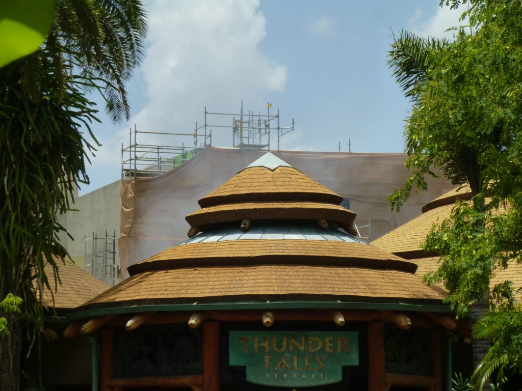 View of the structure rising above Jurassic Park's Thunder Falls