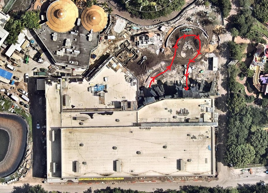 A look from above, and how the ride path may turn out. The vehicle will start by exiting the building after load and then traveling around the loop near the walkway before re-entering through the temple gates.
