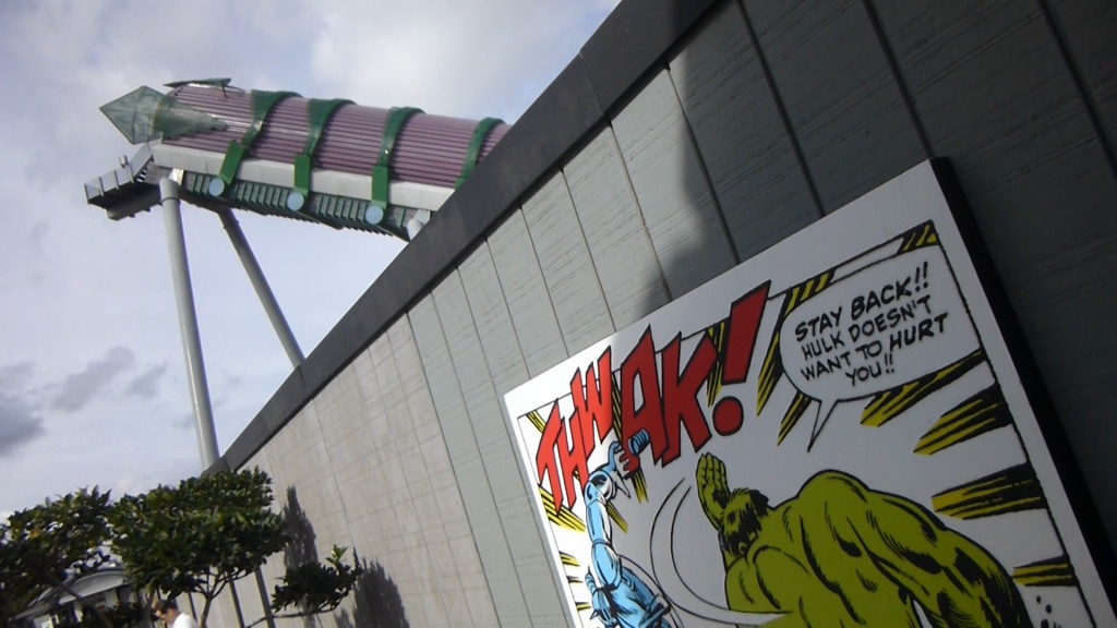 Hulk artwork and comic panels line the construction walls