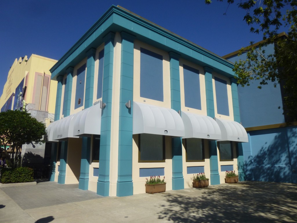 Construction walls down on Boop store front near Shrek and Despicable Me