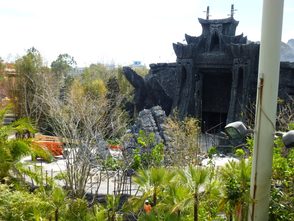 View from above. Outdoor ride track seen wrapping around centerpiece of rocks