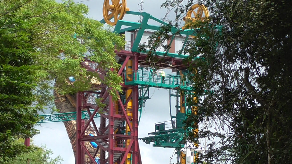 View from back shows how track lift is nearly all the way to the top, where it will connect to ride track so cars can start ride