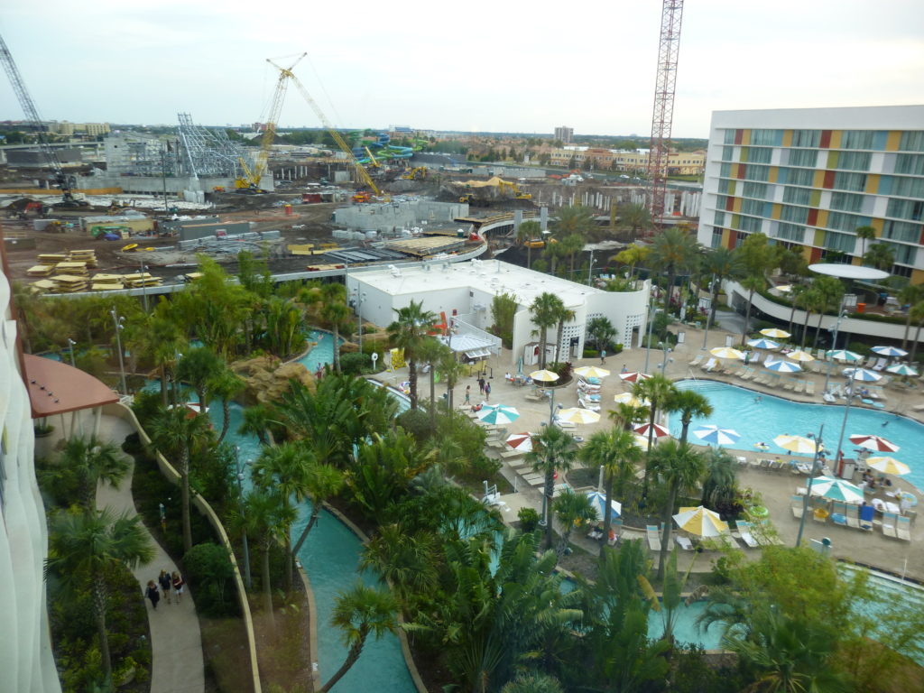 Volcano Bay as seen from Cabana Bay Resort. Notice the curving berm separating the two properties.