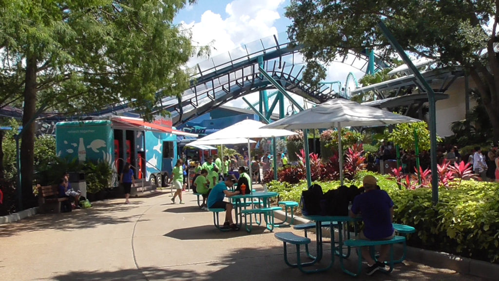 New tables with umbrellas and refreshment stand added near Nautilus Theater