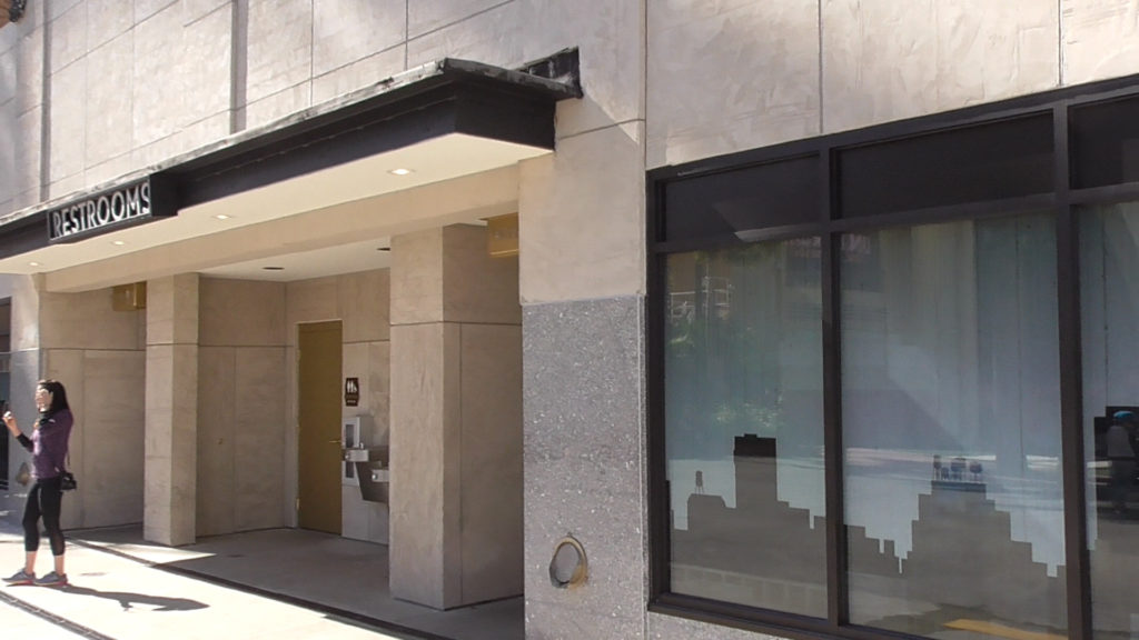 Restrooms match the rest of the new building exterior's style